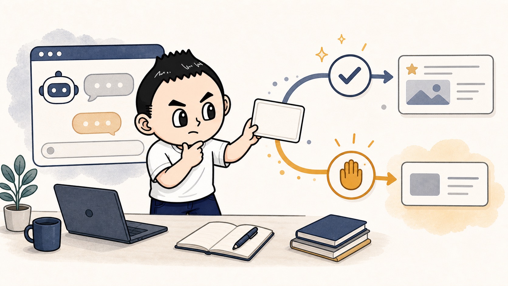 生成AIの引き継ぎで成功例より止めた判断を先に残すイラスト