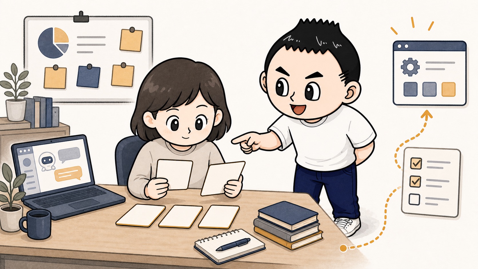 生成AIの新担当者が最初の1週間に操作より判断ログを読むイラスト