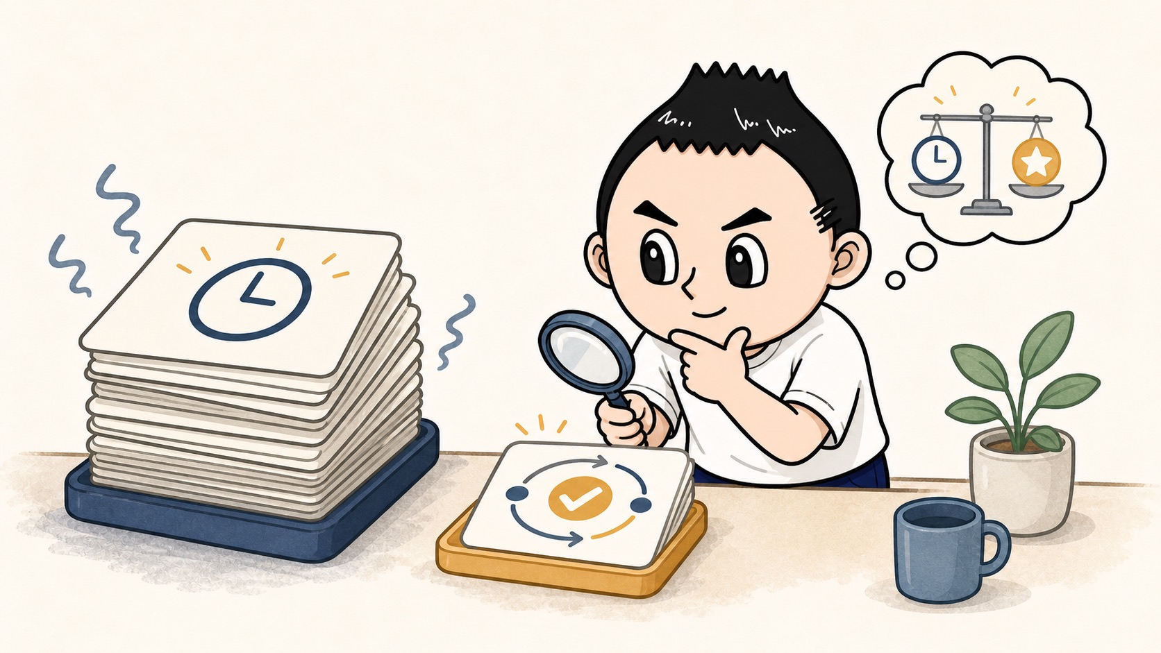 生成AIの自動化候補を時間だけで選ばず小さな安全カードを見るイラスト