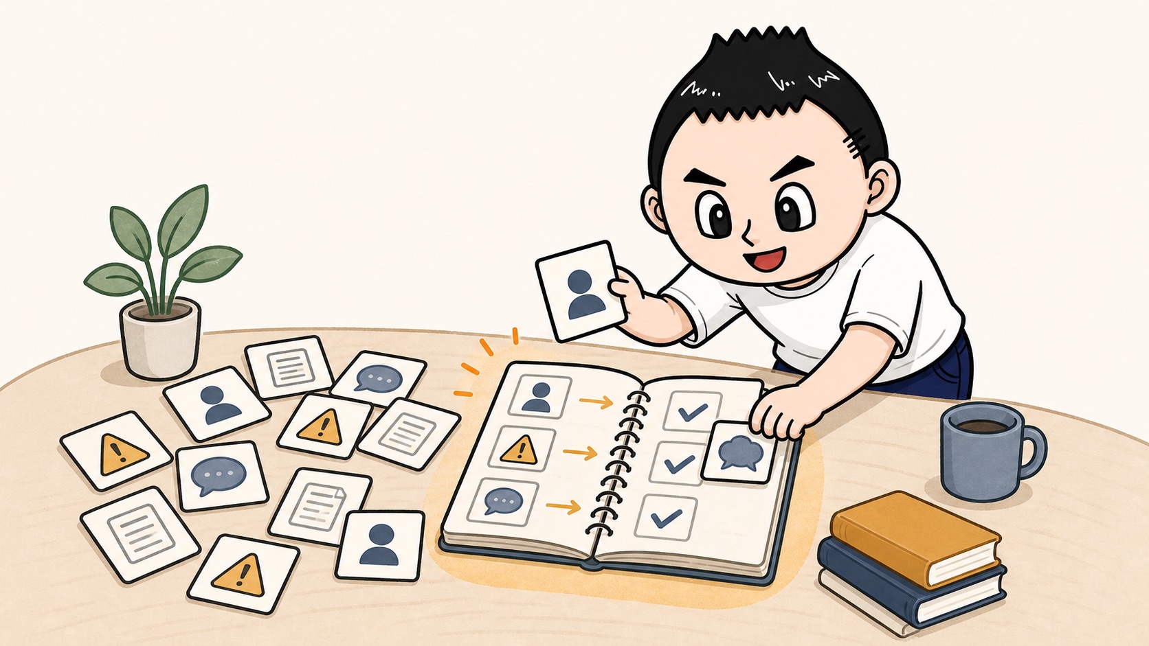 生成AIの自動化前に例外カードを判断ログへ整理するイラスト