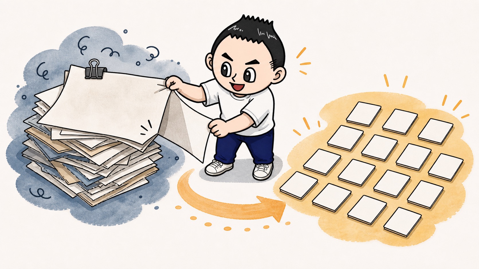 大きな業務名を小さな作業カードへ分けるイラスト
