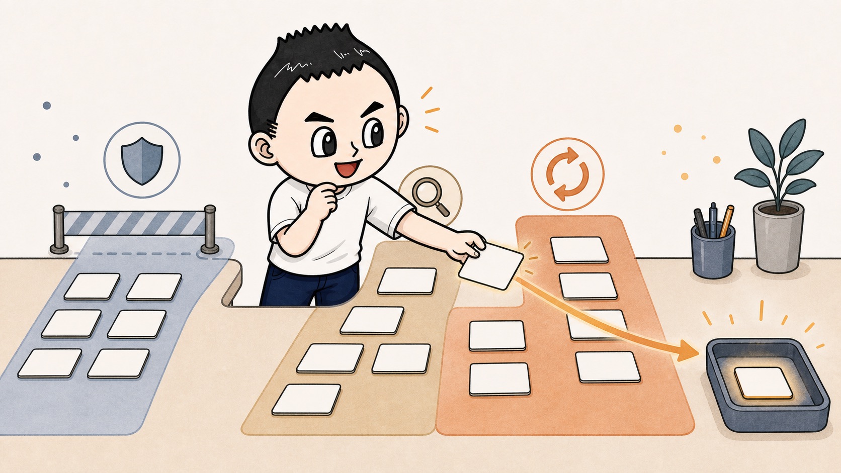 生成AIの自動化候補を安全な順番に並べるイラスト