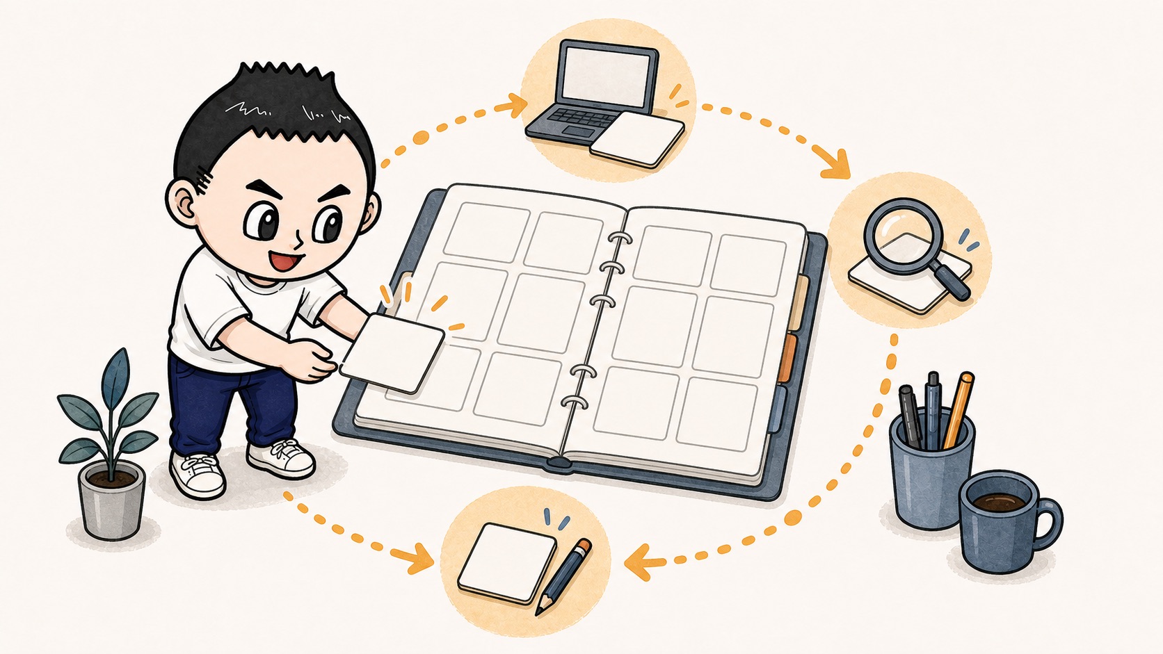 業務棚卸しシートを改善ログとして更新していくイラスト