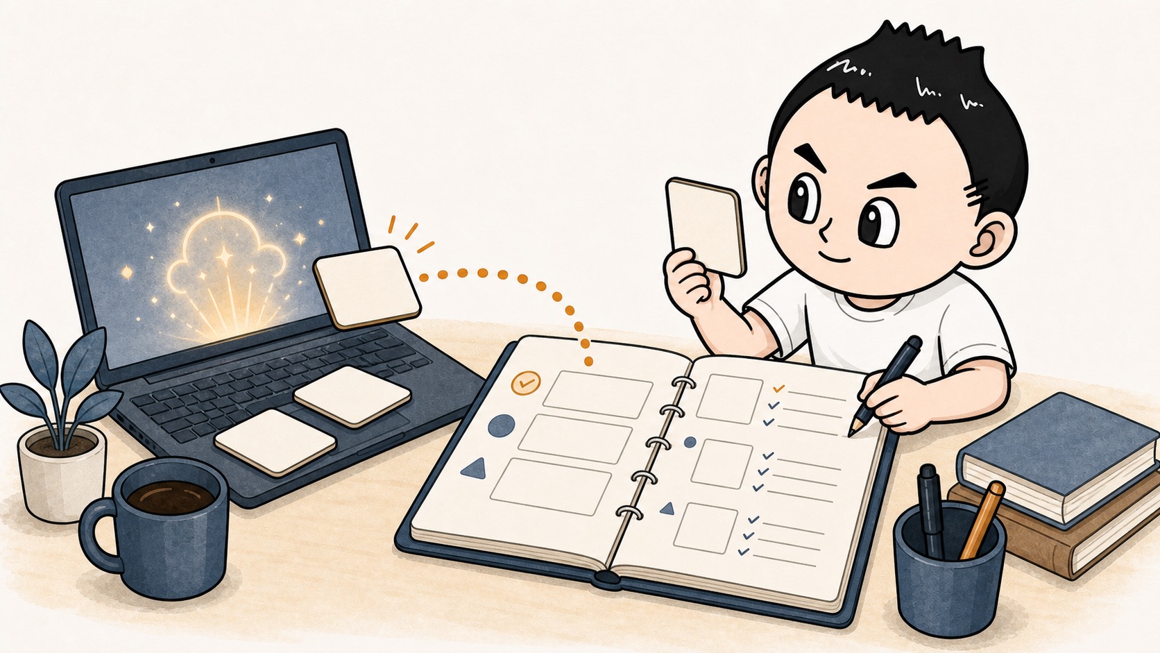AIの出力カードを見ながら人の判断理由をノートに残すイラスト