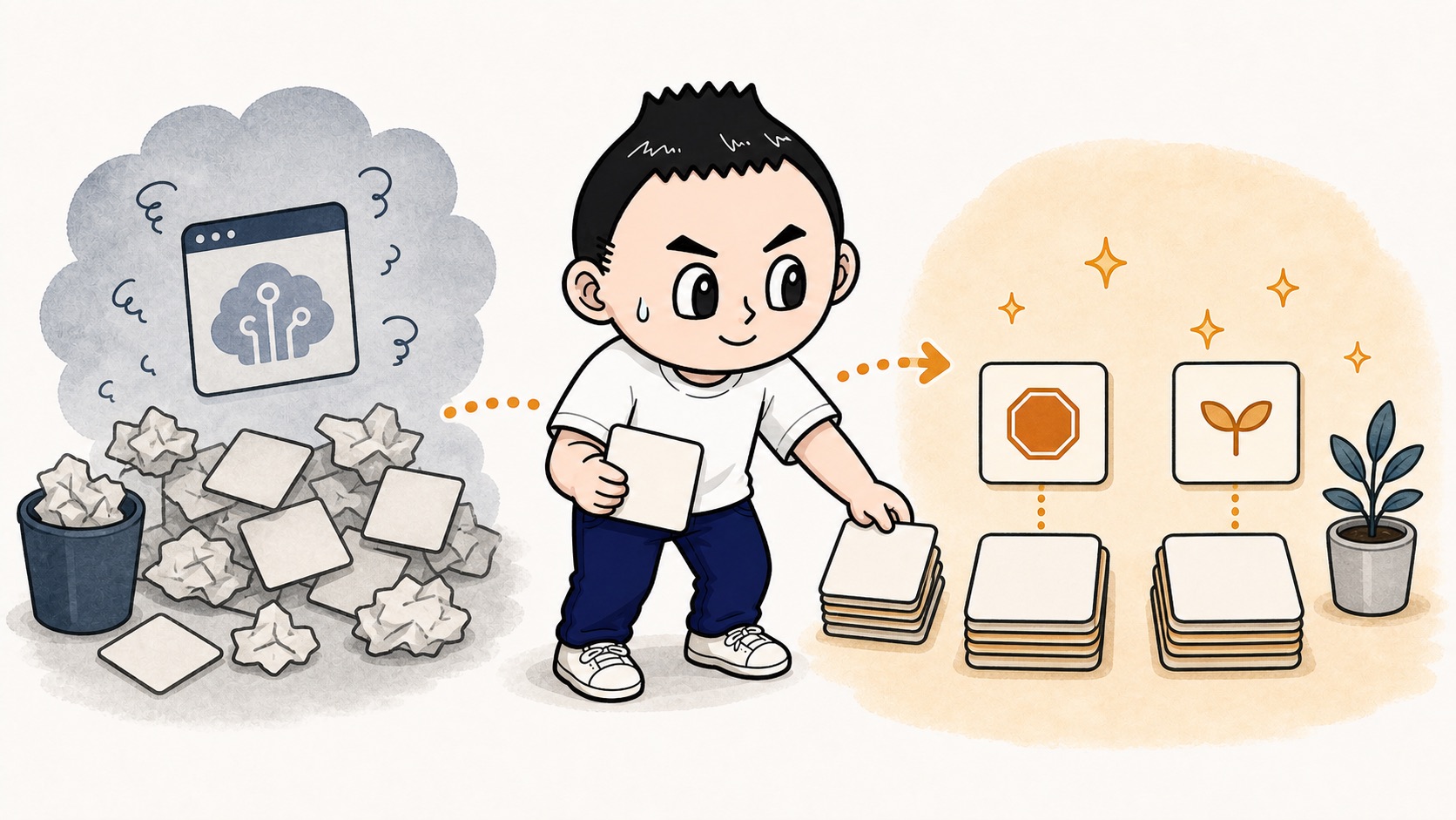 失敗したAI出力を止める条件と改善候補へ分けるイラスト