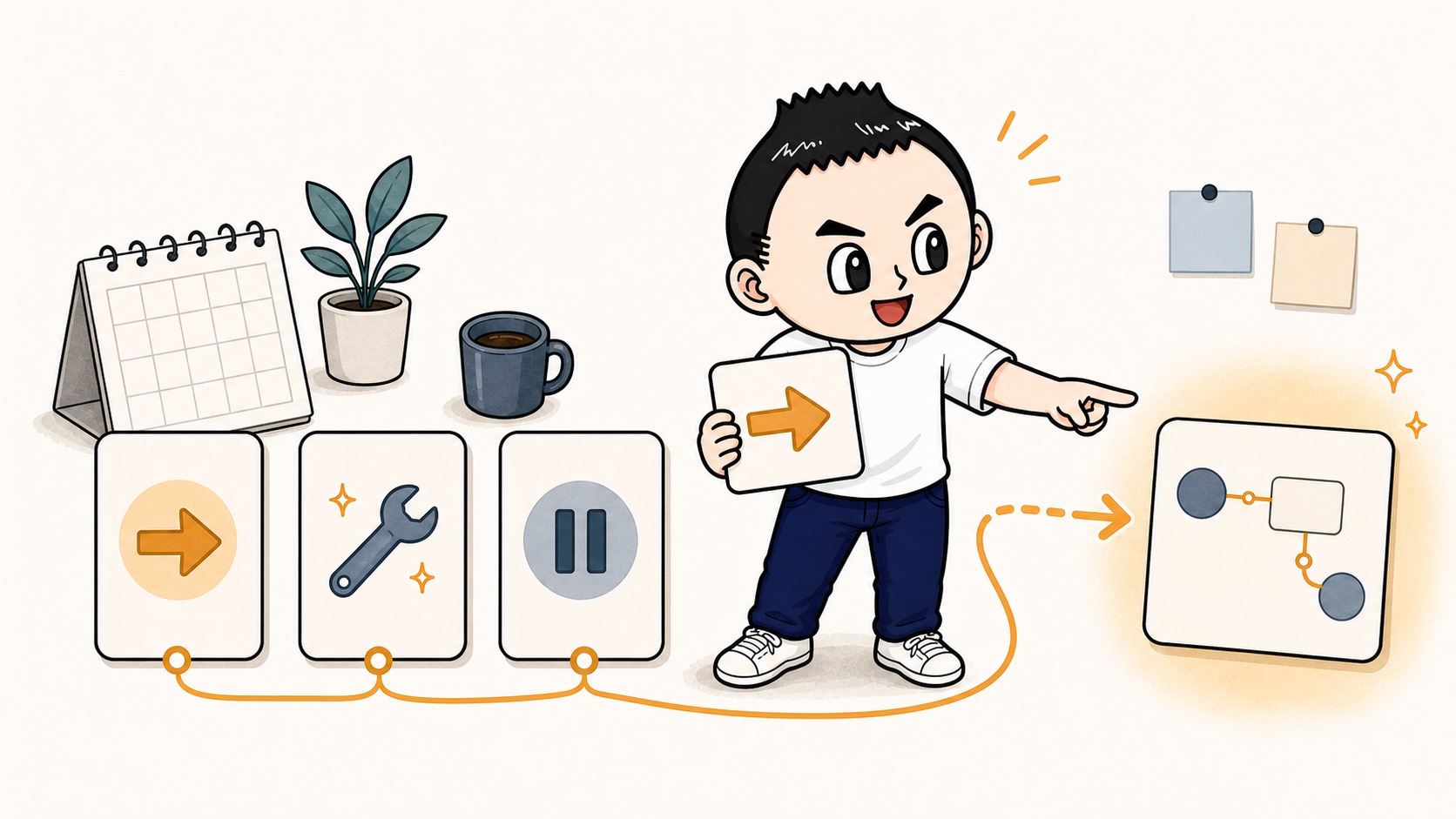 続ける、直す、やめるを決めて次の小さな業務へ移すイラスト