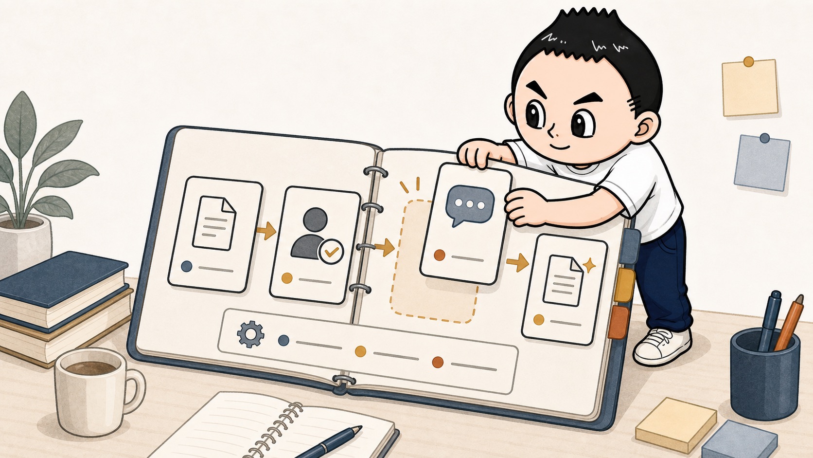 生成AIのプロンプトを業務手順の一部として扱うイラスト