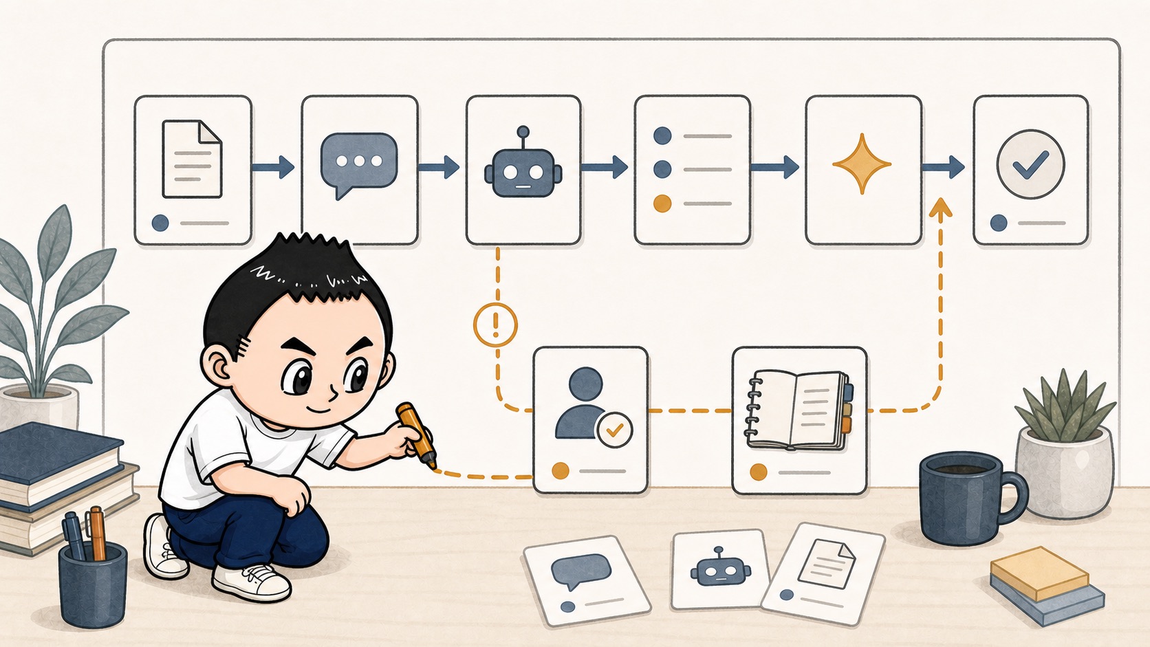 生成AI自動化を本番化する前に例外と戻し方を通常業務へ入れるイラスト