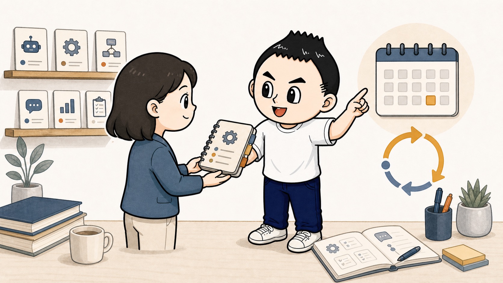 生成AI自動化の手順書に更新担当と見直し日を決めるイラスト