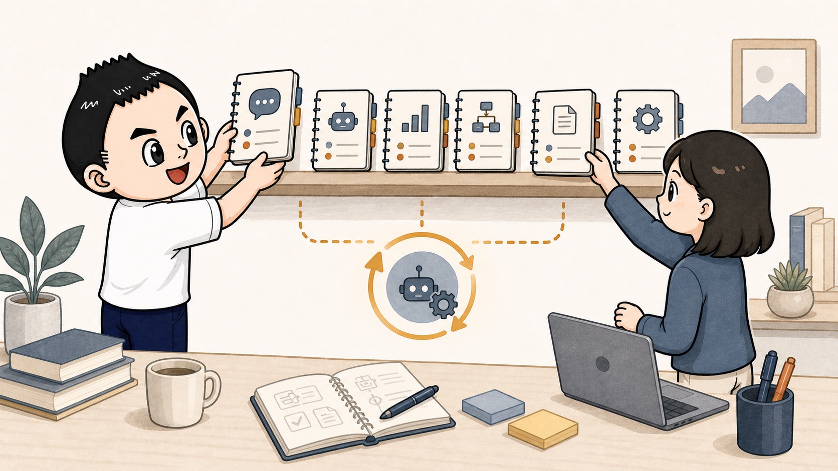 小さな生成AI自動化の手順書が社内の共有資産として並ぶイラスト