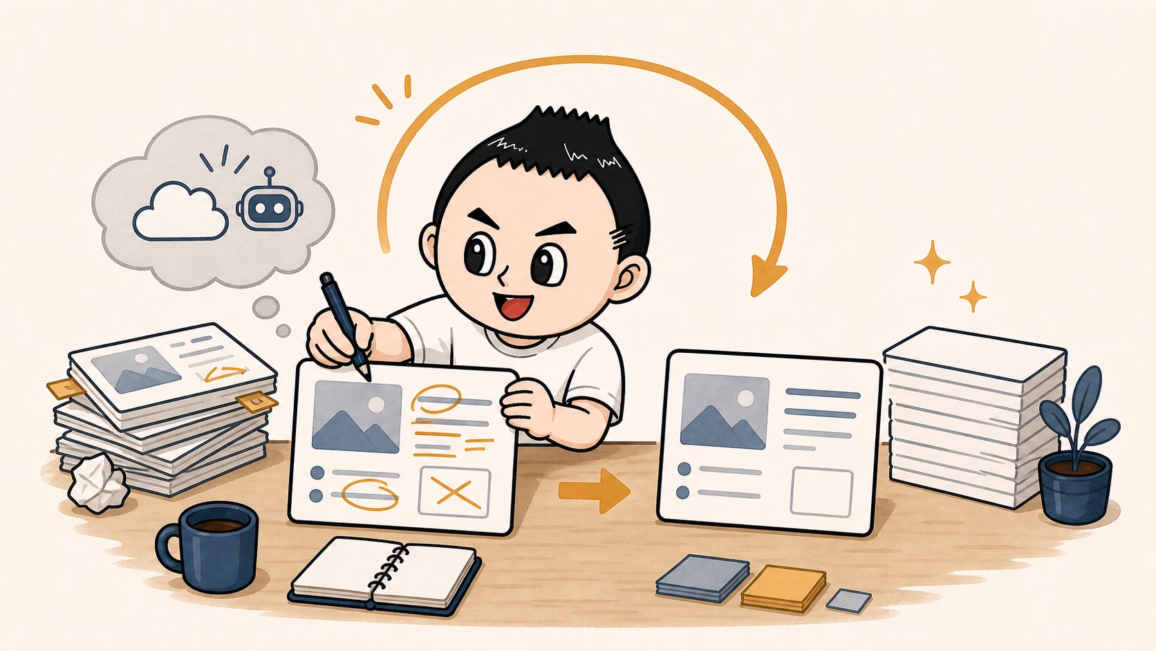 生成AIの修正理由を失敗記録ではなく次回の下書きとして残すイラスト