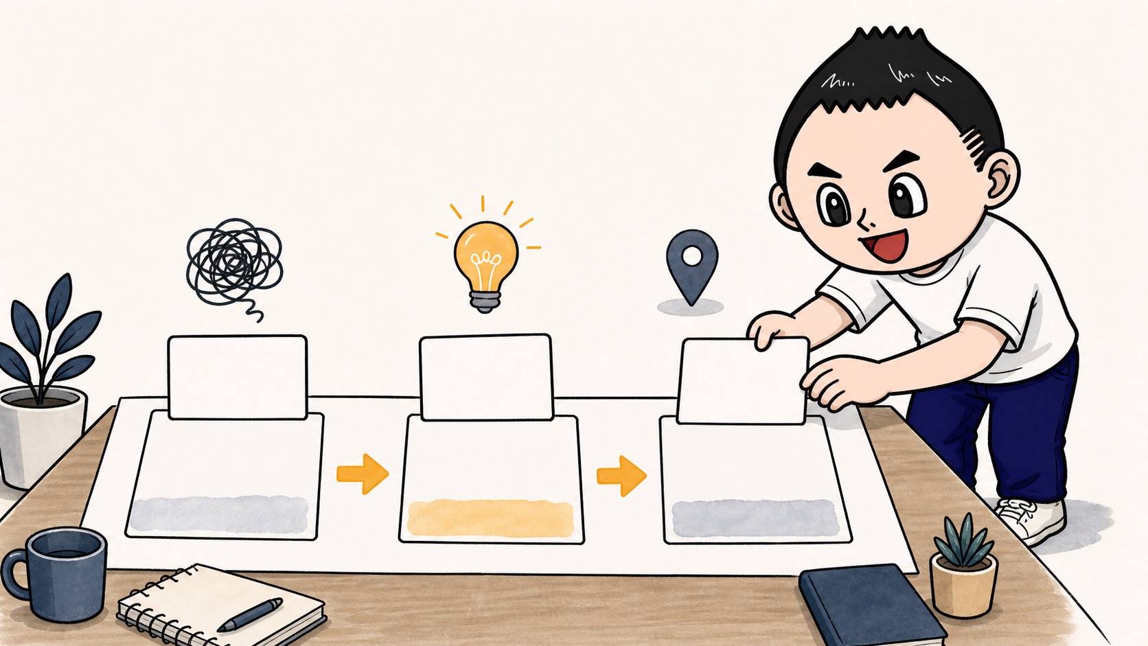 生成AIの改善ログに修正前と修正理由と次に直す場所を残すイラスト