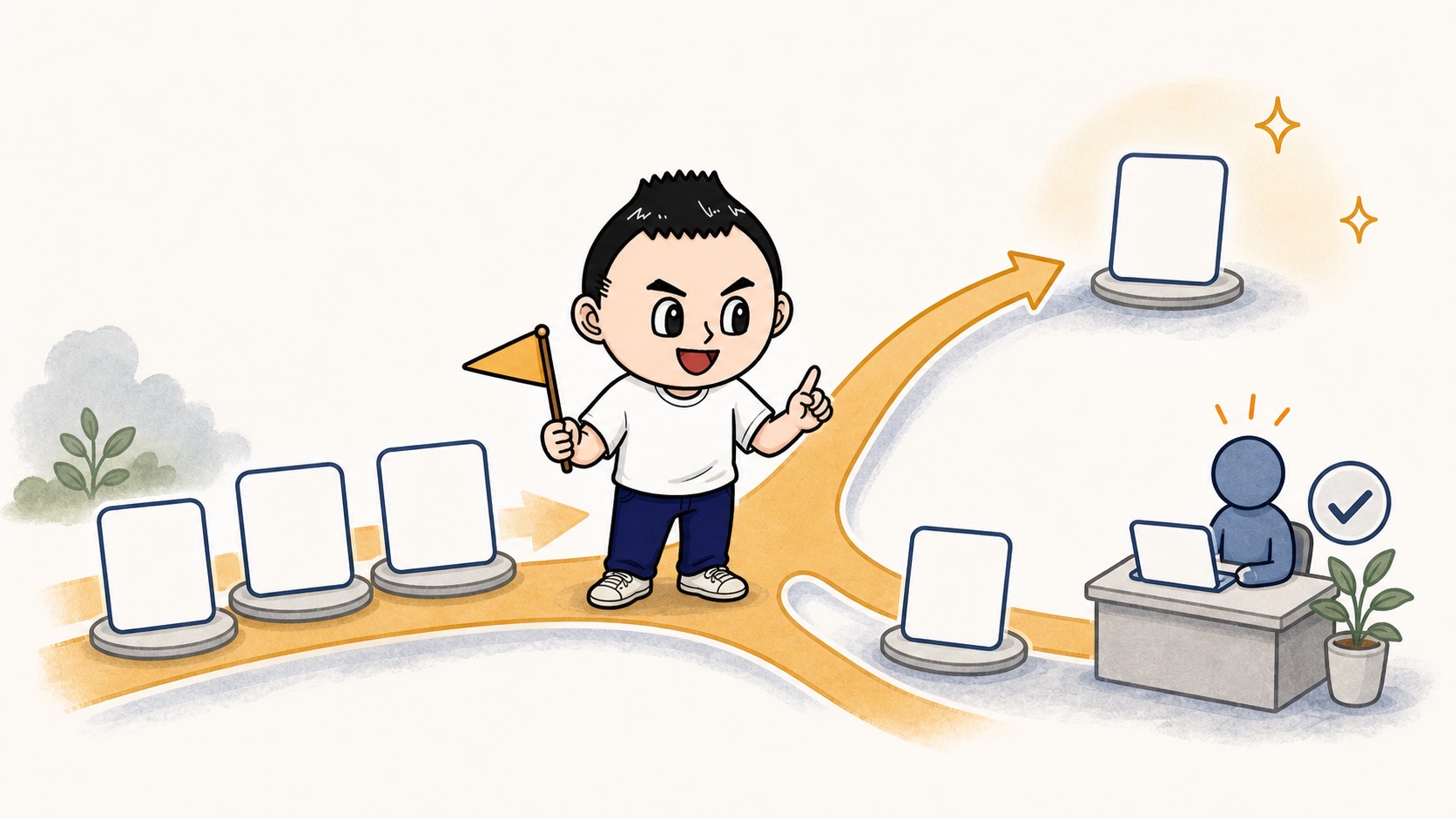生成AIの例外対応を責めずに分岐として改善ログへ残すイラスト