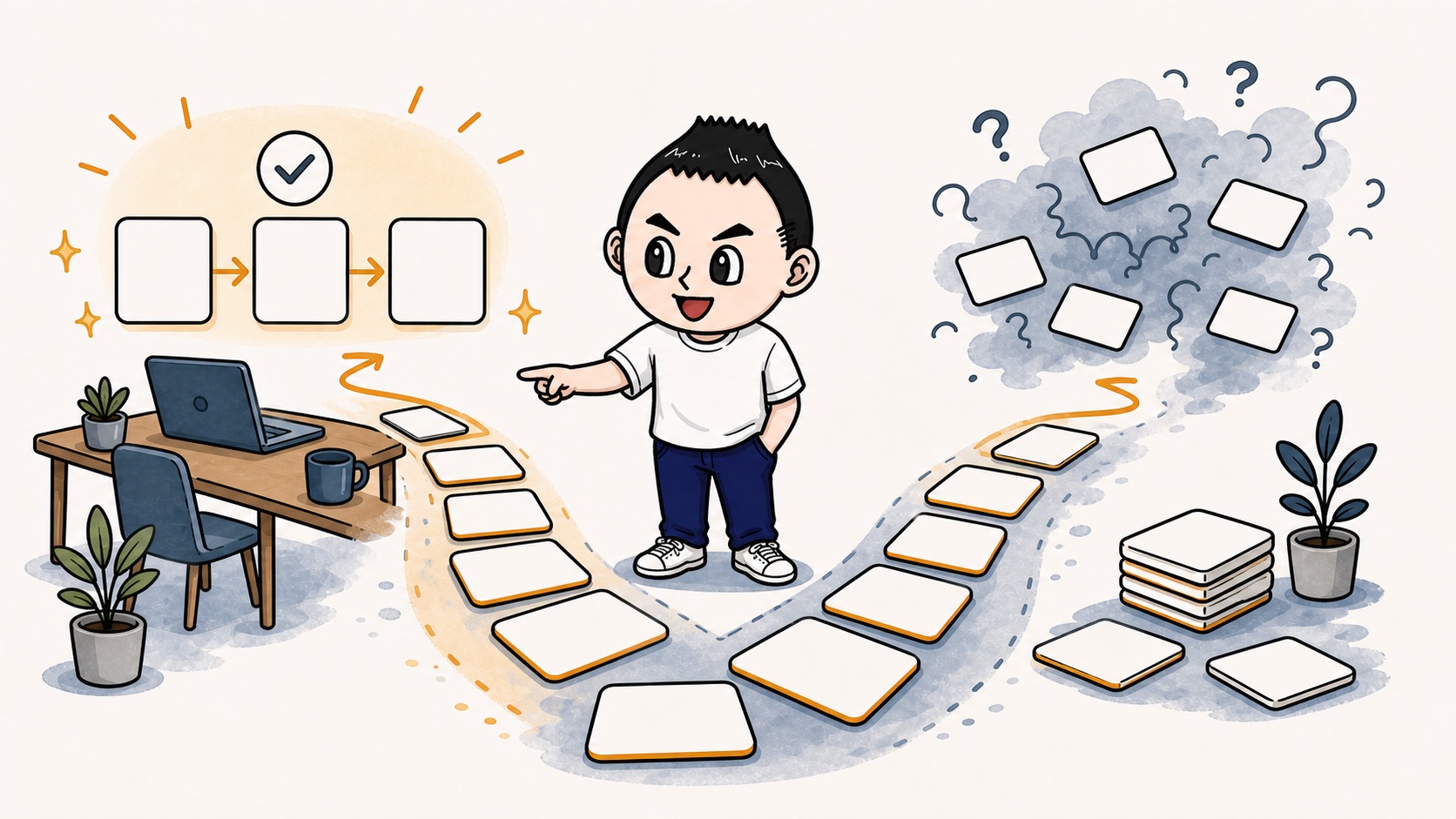 生成AIの例外を業務の分かれ道として見るイラスト