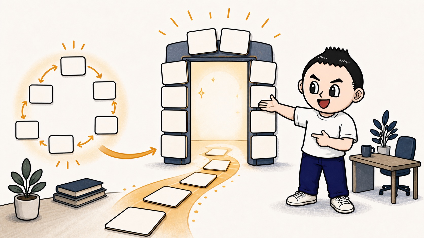 生成AIの分岐表を次に迷う人の入口へつなげるイラスト