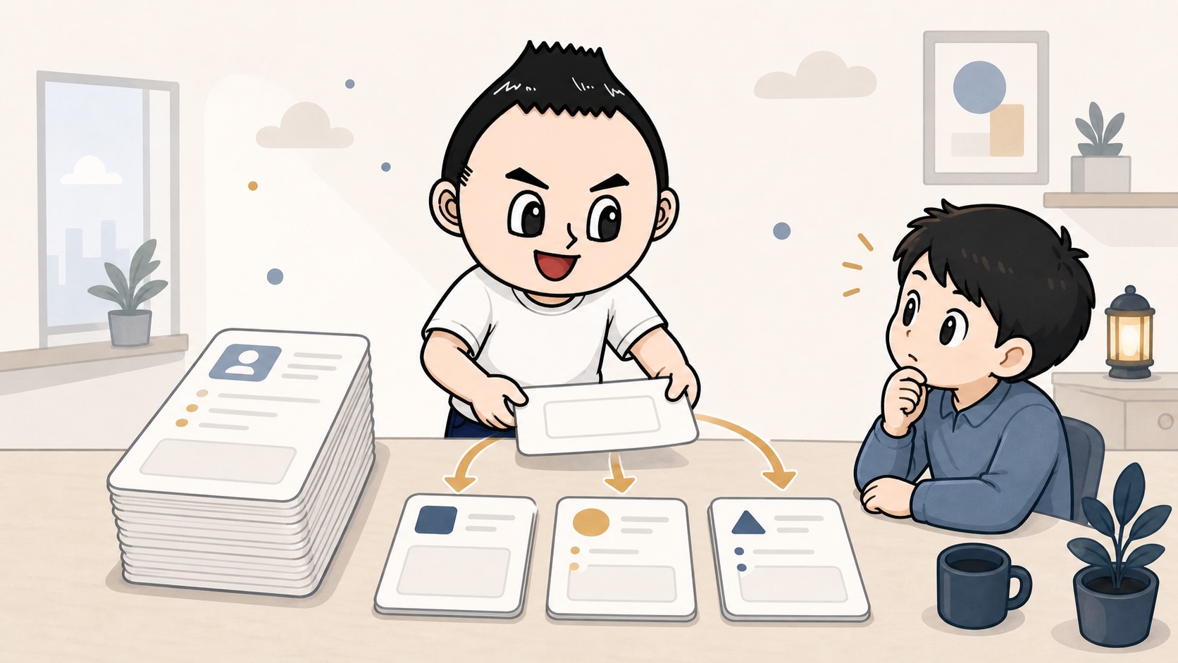 生成AIの社内FAQを練習用の実例カードへ分けるイラスト