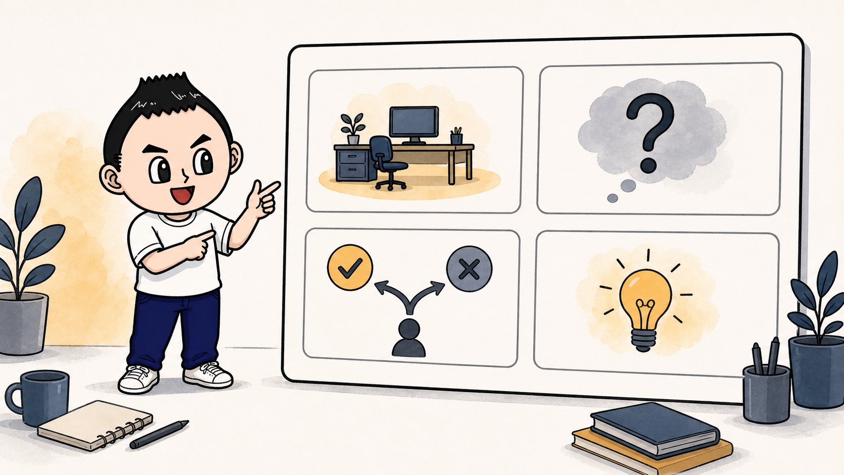 生成AIの実例カードに場面と迷いと判断理由を整理するイラスト