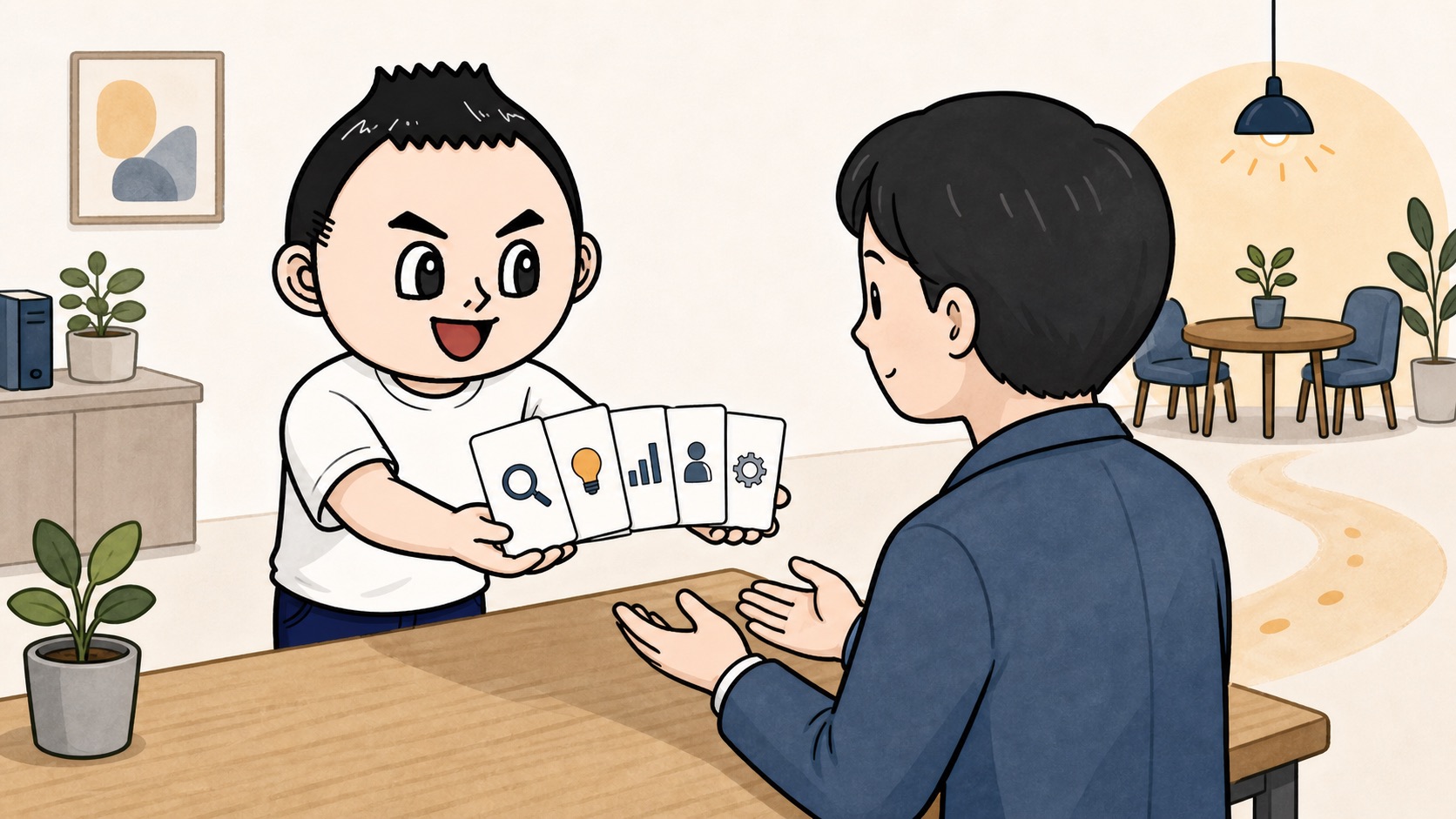 生成AIの実例カード5枚を社内担当者へ渡すイラスト