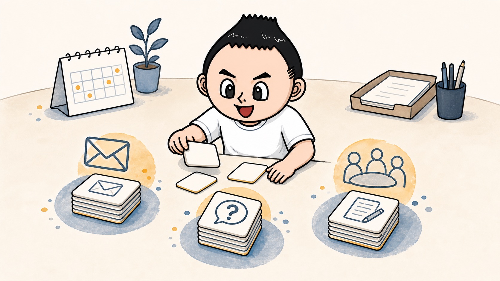 生成AIの実例カードを業務ごとに集めて判断材料にするイラスト