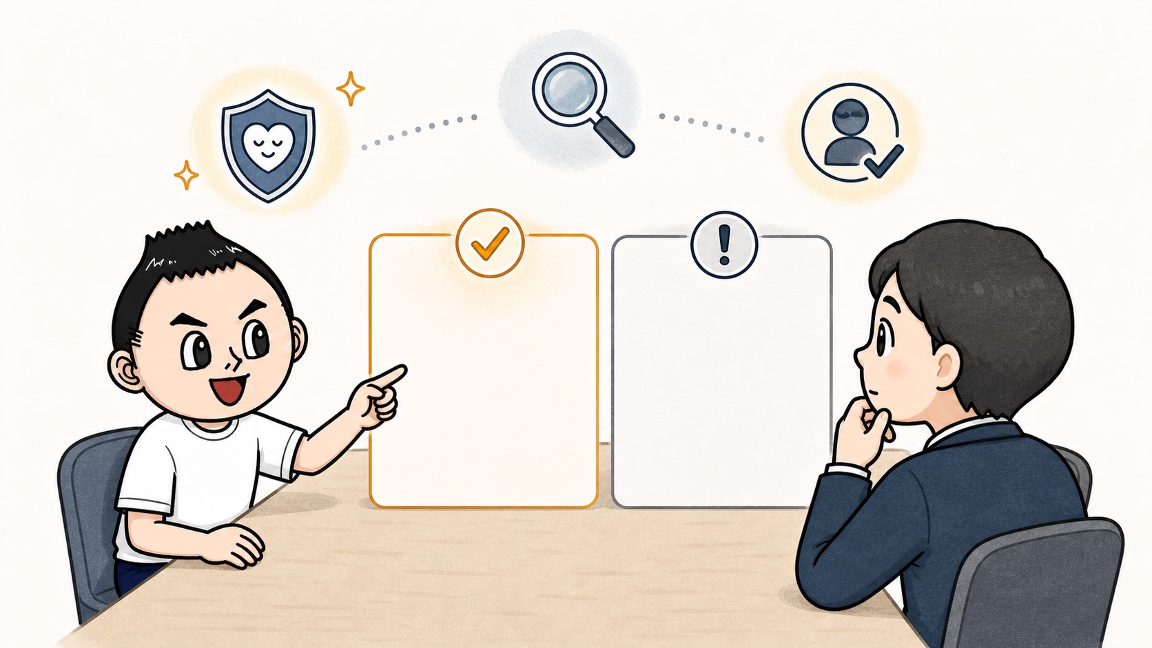 生成AIの良い例と危ない例を並べて確認力を育てるイラスト