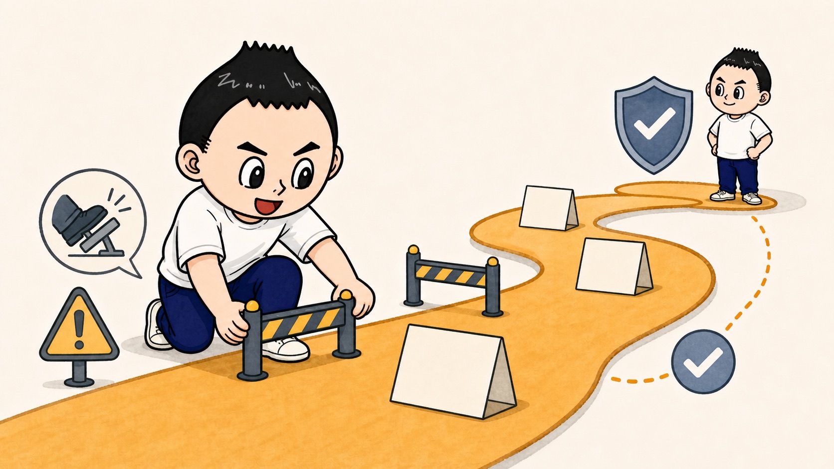 生成AI担当者育成ロードマップに止める条件を入れるイラスト