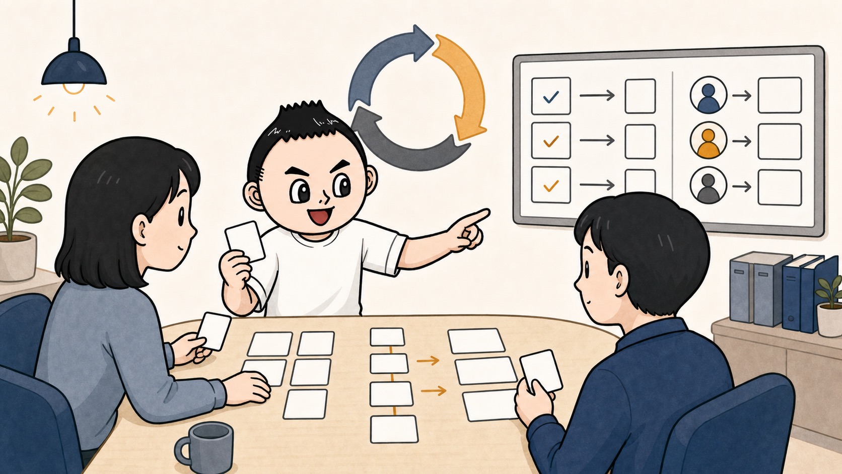 生成AIの実例カードと社内ルールと担当範囲を月次で見直すイラスト