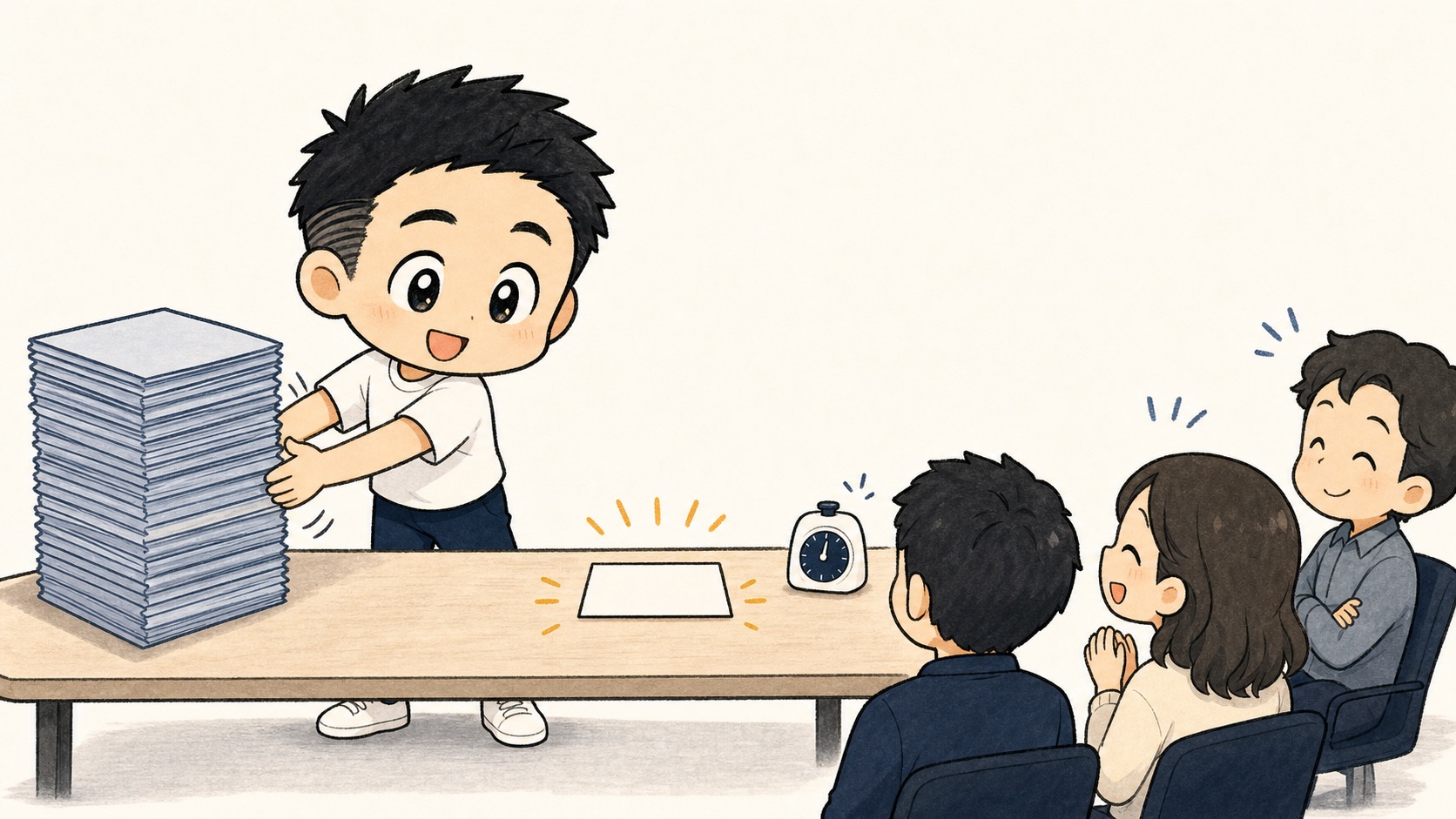 生成AIの社内研修で厚い資料を減らし小さな台本カードから始めるイラスト