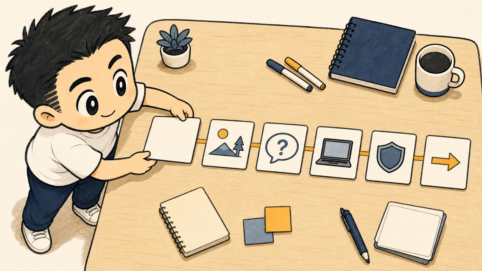 生成AIの実例カード1枚を社内研修の5つの流れへ並べるイラスト