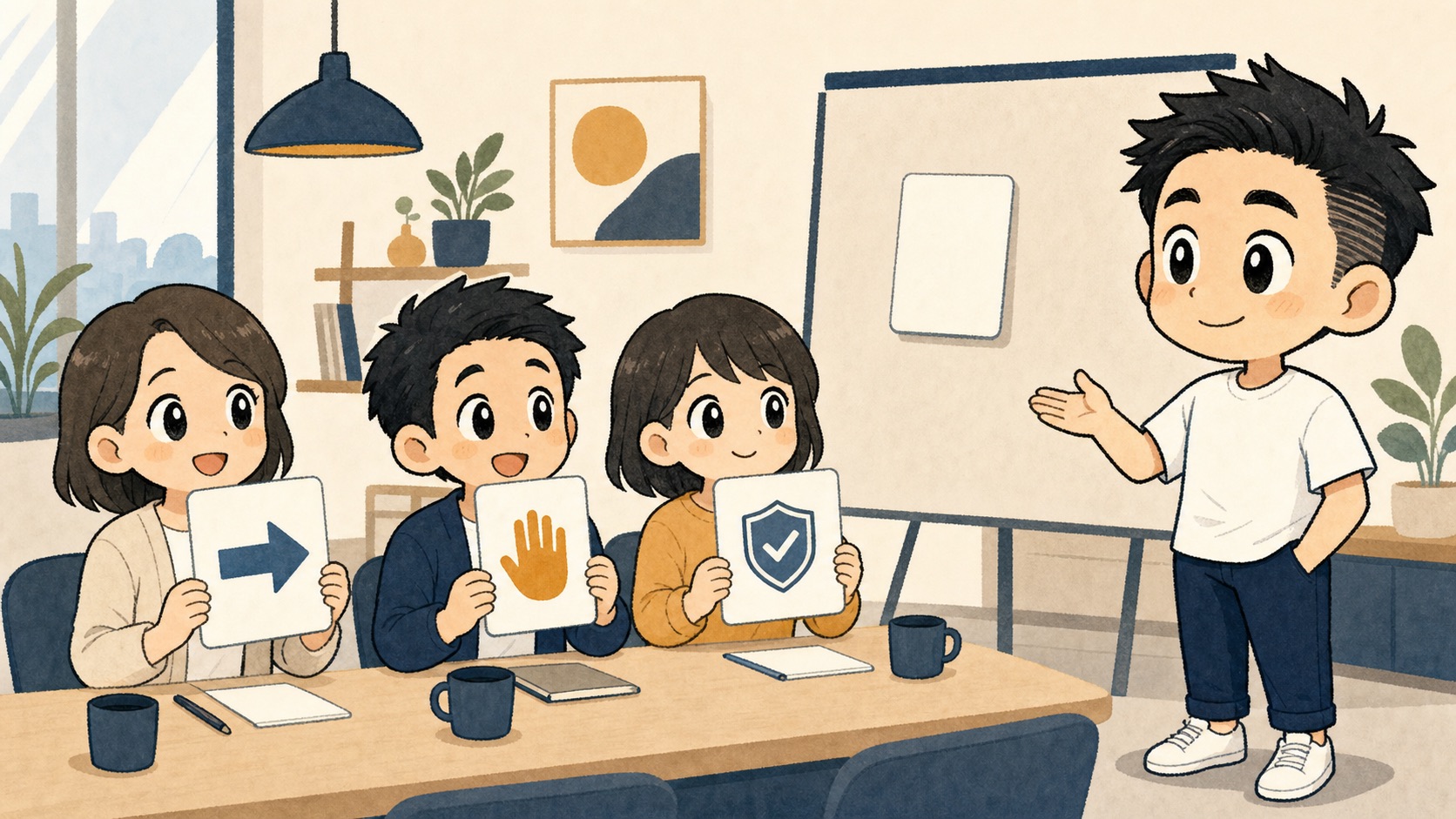生成AIの社内研修で参加者が先に自分の判断カードを出すイラスト