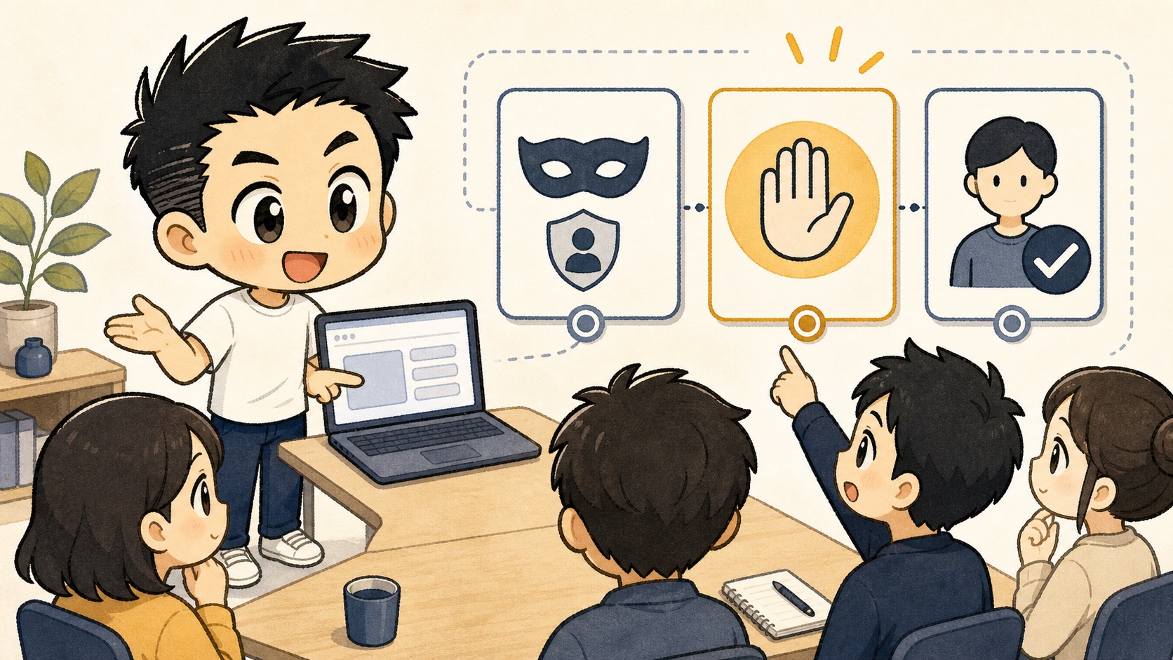 生成AIの社内研修でプロンプト操作より止める条件を確認するイラスト