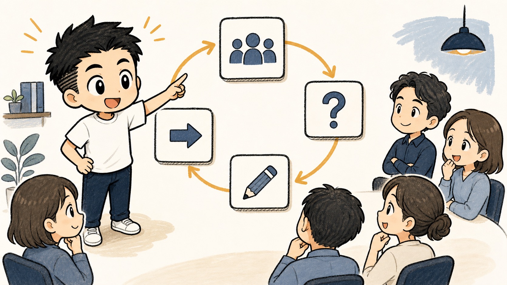 生成AIの社内研修ミニ台本が実践と質問ログと次回改善につながるイラスト