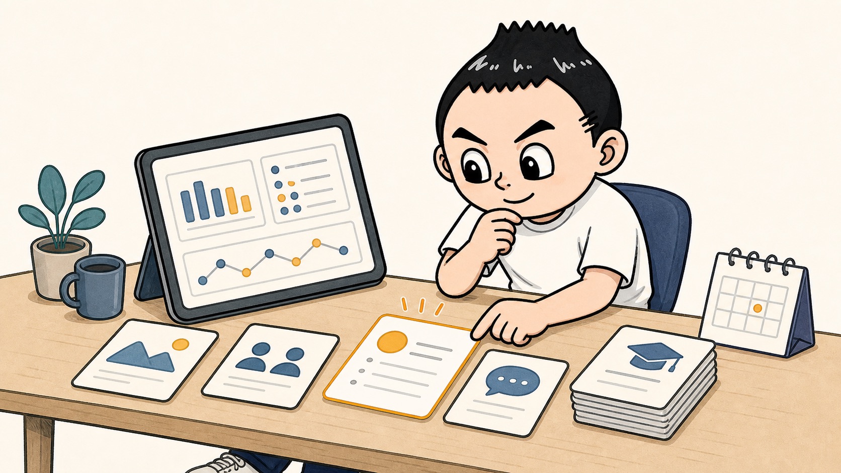 生成AIの研修後に実例カードの閲覧ログを確認するイラスト
