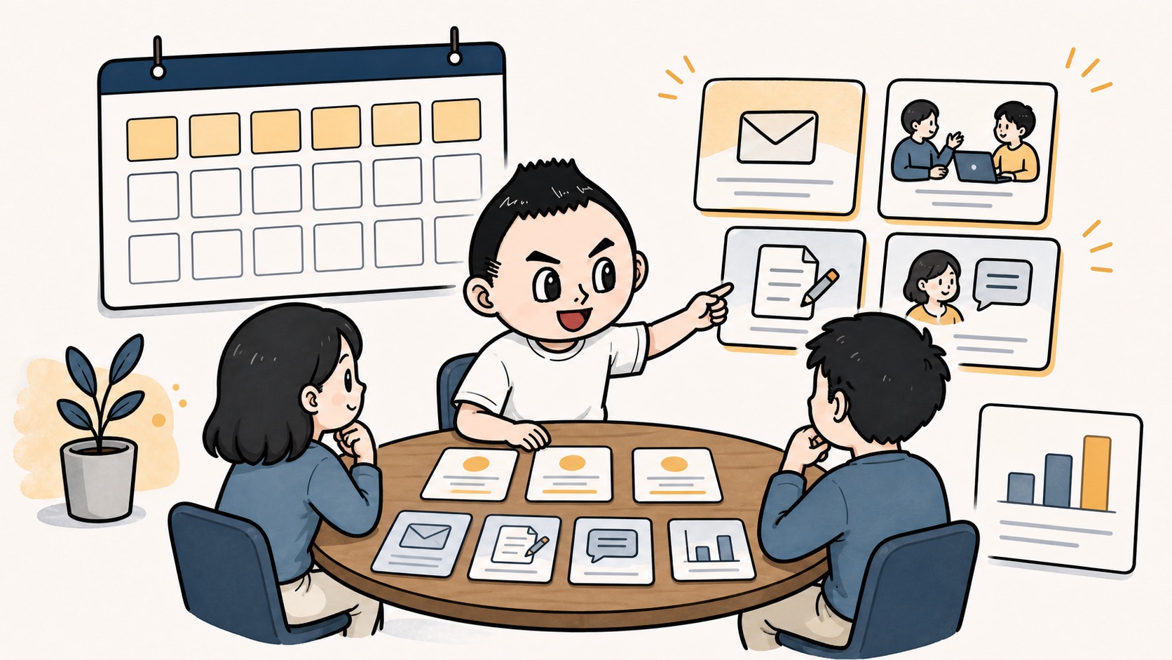 生成AIの月次レビューで読まれたカードと使われた業務場面を並べるイラスト