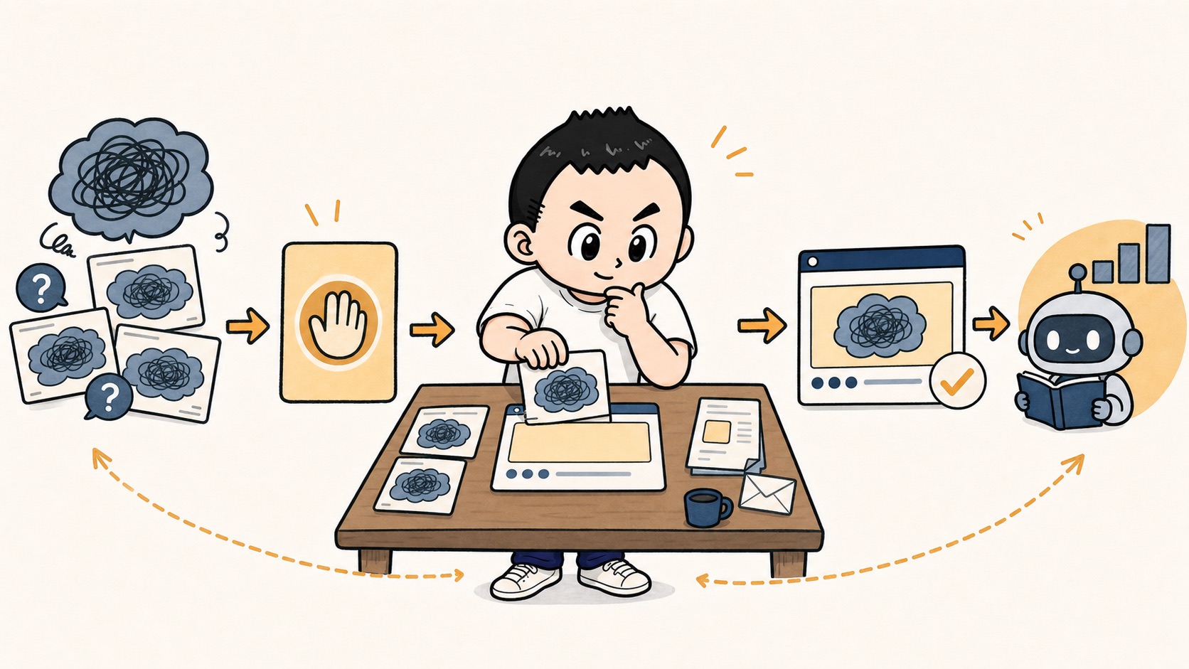生成AI研修後の質問ログと止めた例を次の実例カードへ戻すイラスト