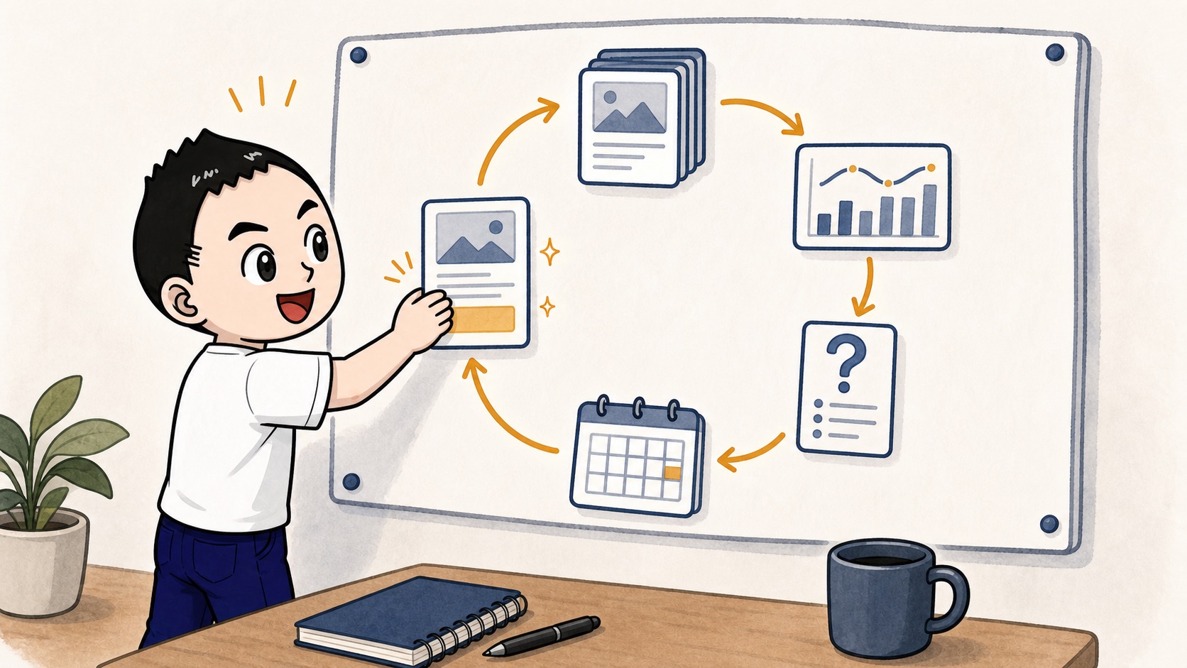 生成AIの閲覧ログと質問ログが月次レビューから次の研修改善へ循環するイラスト